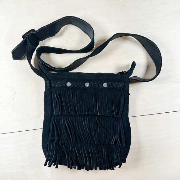 Minnetonka Black Suede Fringe Purse Cross Body Western Southwestern - Picture 1 of 6